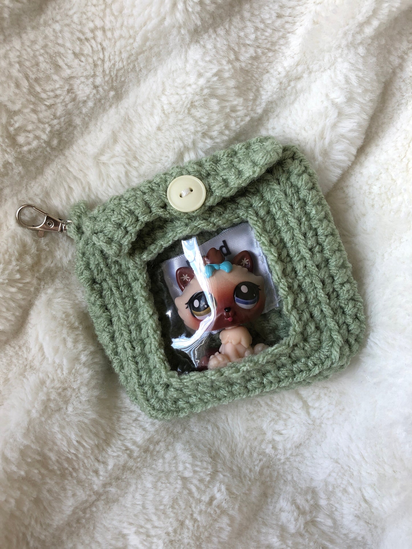 The Take-a-long Keychain Spring Colors- Windowed Clip-on Keychain to Take Your Favorite Toys and Collectibles on The Go (Handmade Crocheted)