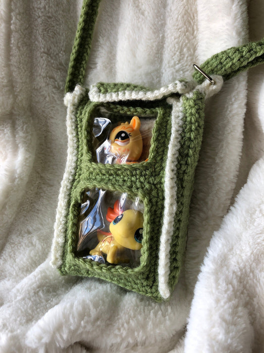 The Essentials Purse in Matcha - Handmade Windowed Shoulder Purse to Take Favorite Toys and Collectibles on The Go (Crocheted Version)